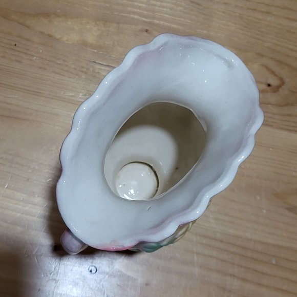 VTG USA Pottery Pink Green Yellow Flower Vase Pleated Fan Top Double Handles - Picture 5 of 14